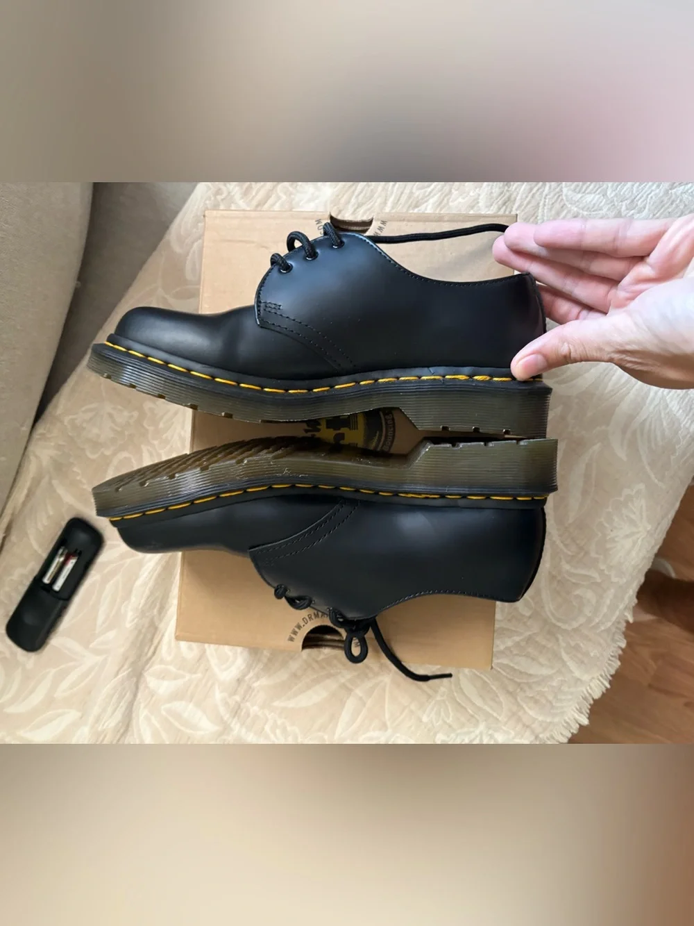 Dr. Martens Black Leather 3-Eye Derby with Yellow Stitching